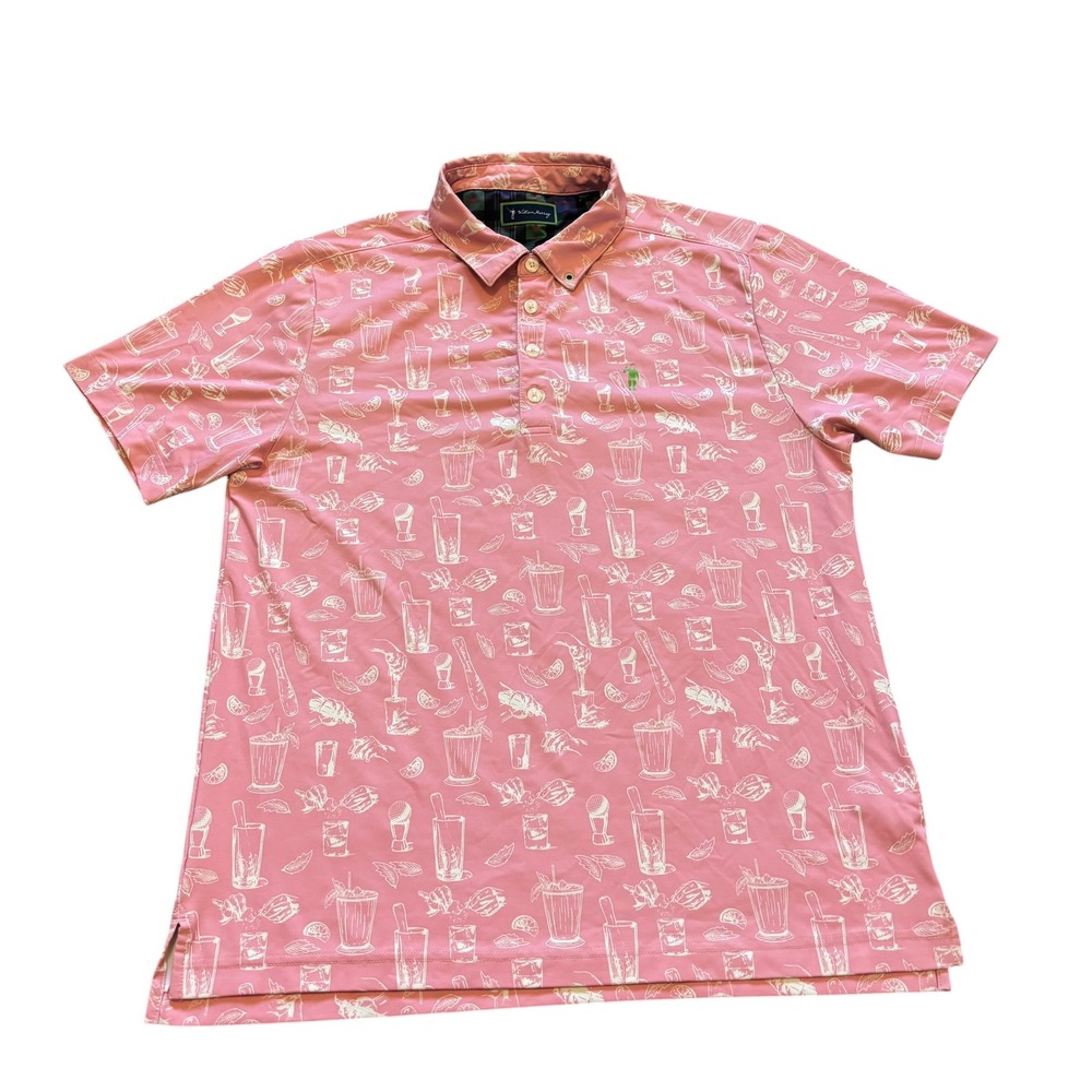 William Murray Mens Medium Pink Happy Hour‎ Drink Print Performance Polo Shirt
